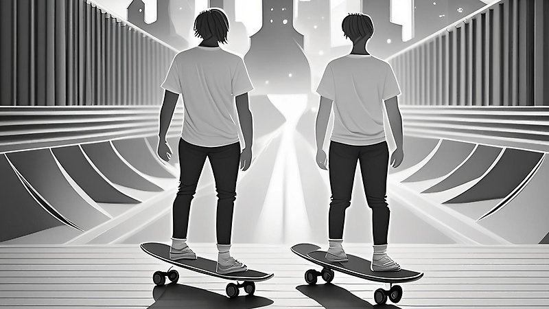 AI-genererad illustration av två unga i en skatepark